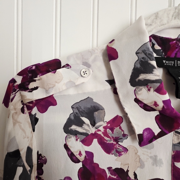 WHBM Floral Silk Button Up Blouse Collared Elastic Hem‎ Size 14P - Picture 5 of 12